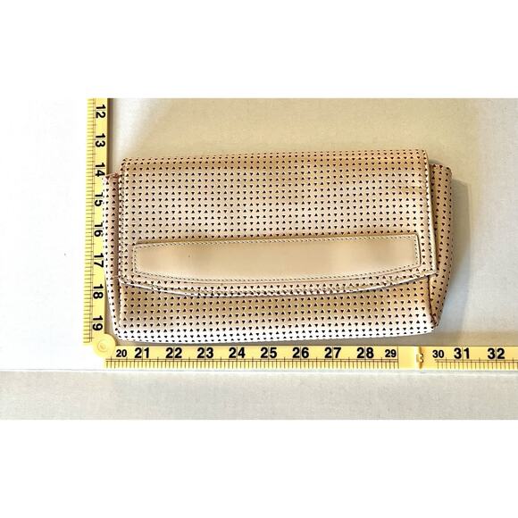 Lauren Merkin | Made In NYC Tan Perforated Magnetic Closure Clutch | 5”x 10” - Picture 6 of 6